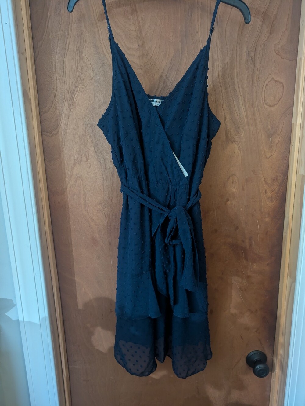 Ecowish Sleeveless Navy Swiss Dot Wrap Dress with Belt